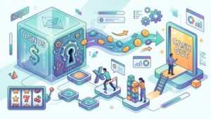 Иллюстрация с элементами онлайн-слотов и графиками для статьи о требованиях по отыгрышу бонусов