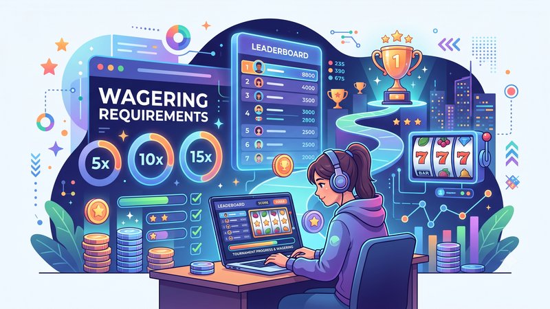 Современная иллюстрация с элементами онлайн-слотов и графиками для статьи о требованиях по вейджеру.